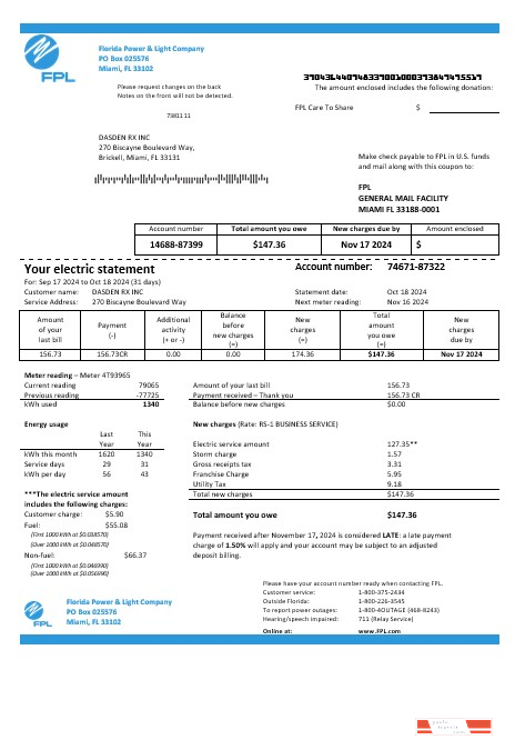 USA Florida Power & Light Company (FPL) electricity business utility bill template in Word and PDF formats